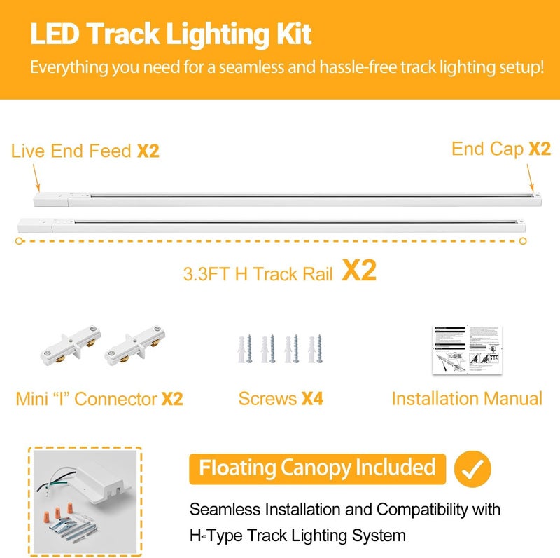 VANoopee 6.6FT H Track Lighting Rails White H Type Track Lighting Kit with Floating Canopy Connector, End Caps, Live End Feeds, I Connectors, Compatible with Single Circuit H Style Track System - Image 2